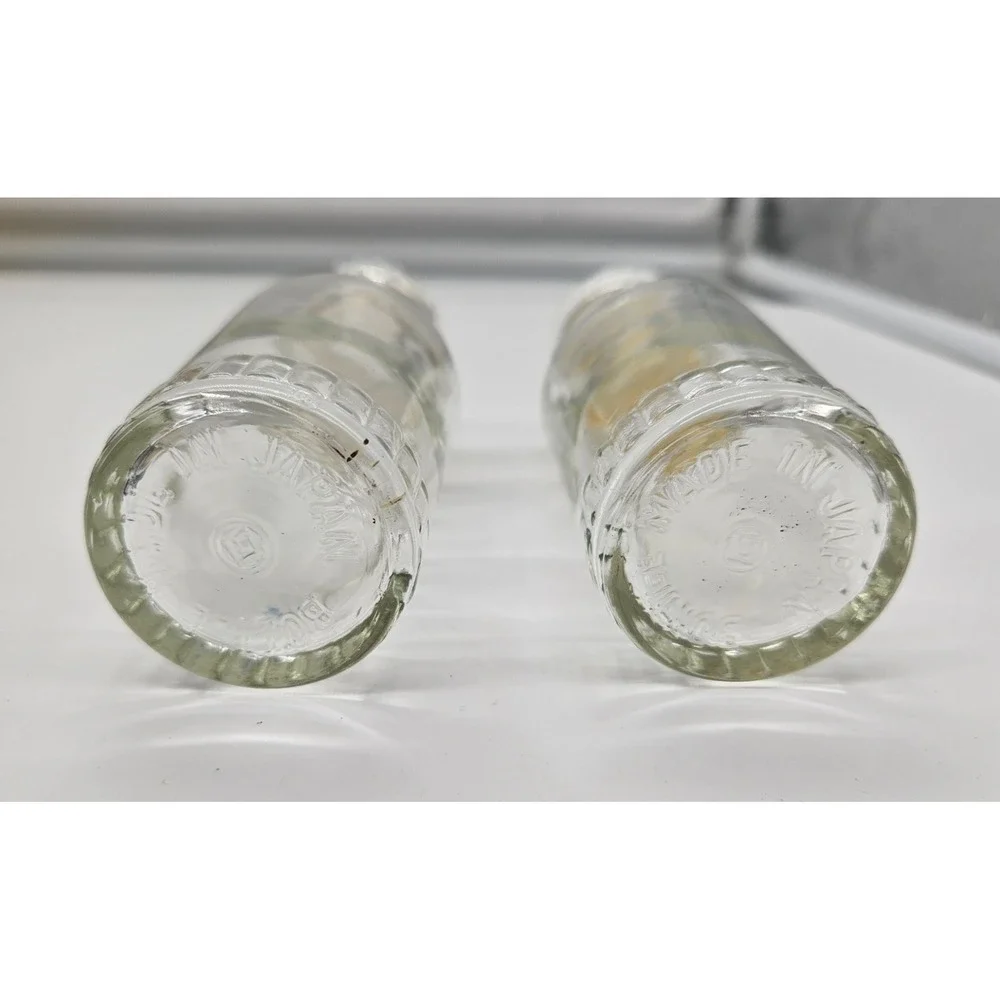 Vintage Made in Japan Clear Glass Apothecary Spice Bottles Beaded Stopper Set 2